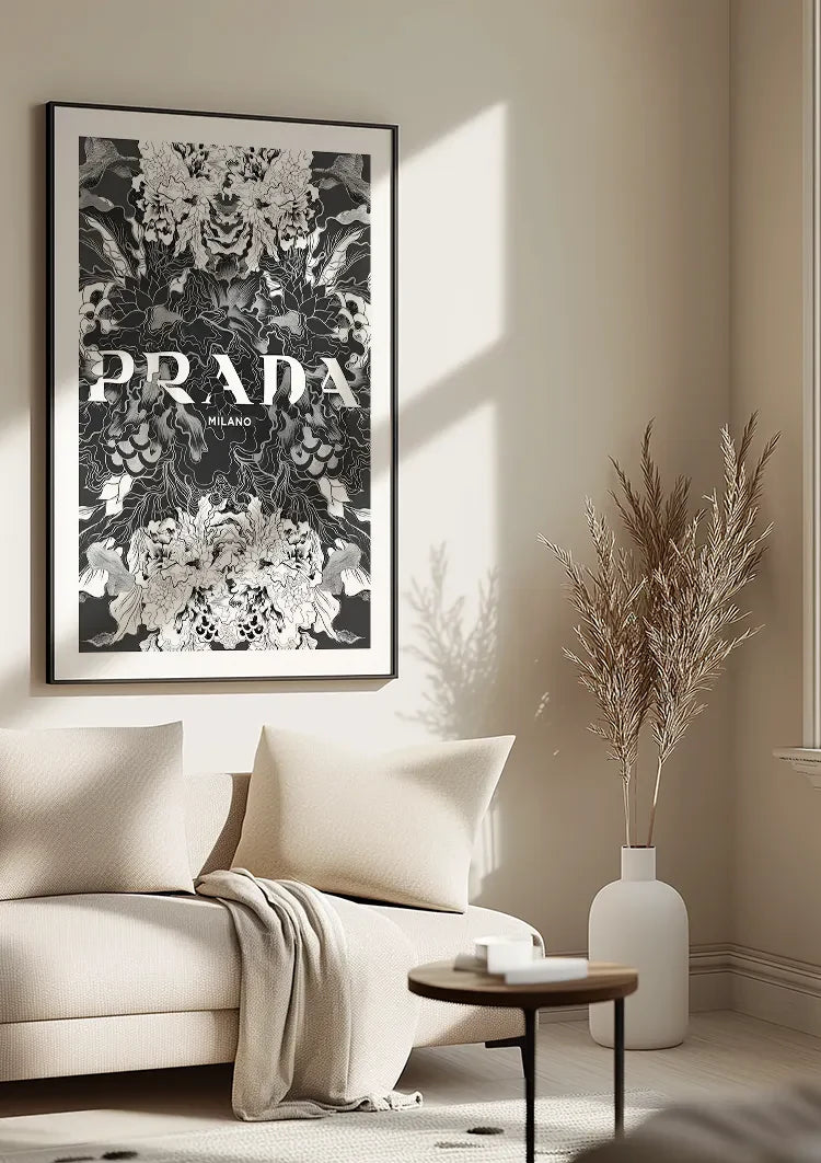 Intricaat Bloemenpatroon Zwart Wit Symmetrisch Botanisch Schilderij
