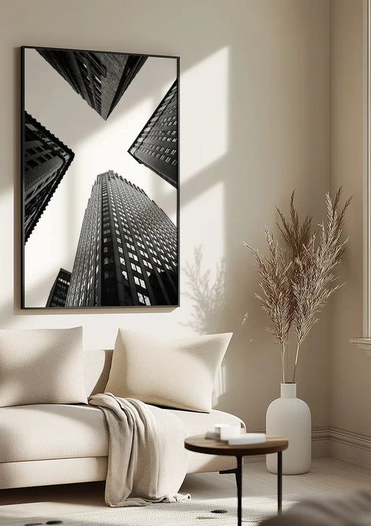 Geometrische wolkenkrabbers canvas schilderij aan de muur in de hal