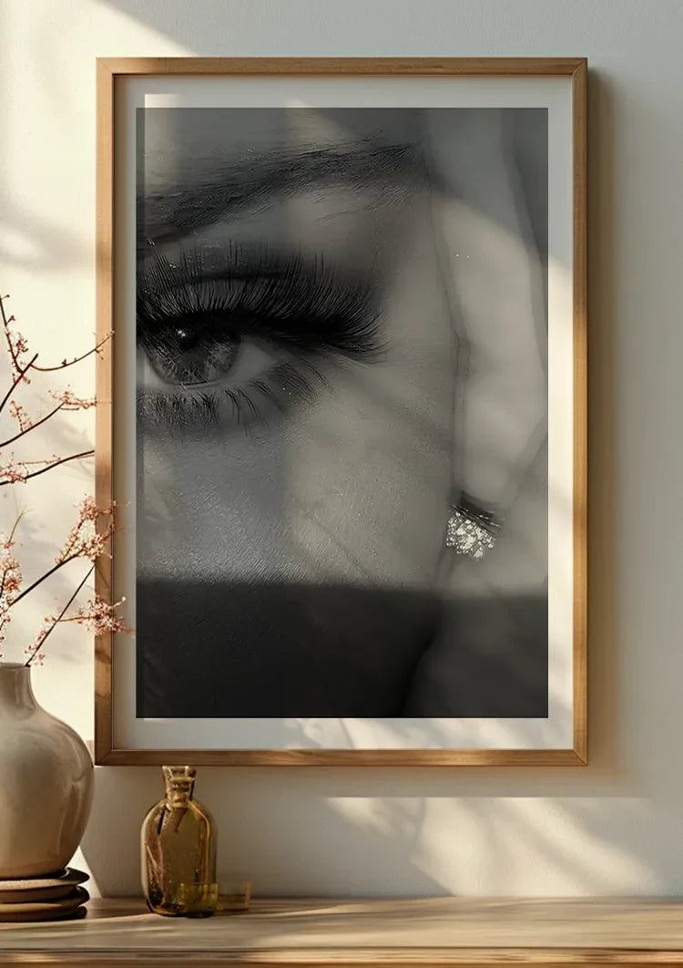 Woman's Eye Close-up Long Lashes Makeup Black and White Portrait Painting