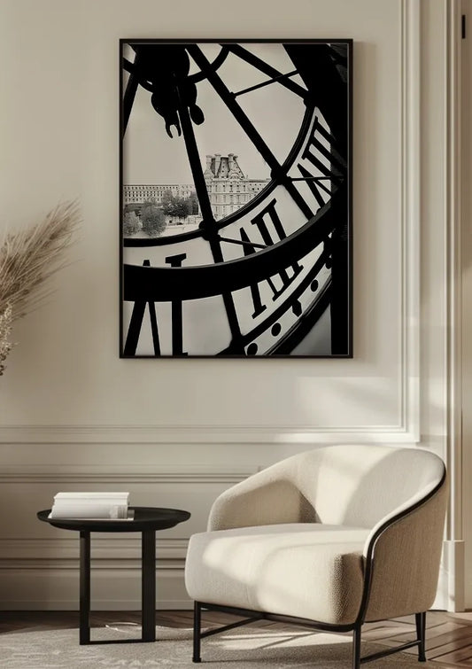Uitzicht op Parijs door een klokwijzerplaat canvas schilderij aan de muur in de hal
