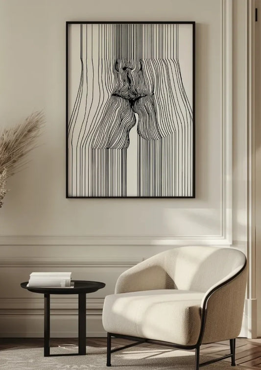 Vrouwelijk gezicht opgebouwd uit lijnen canvas schilderij in zwart en wit, abstracte stijl