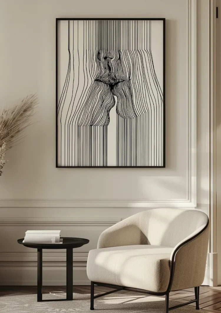 Weibliche Figur Vertikale Schwarze Linien Minimalistisches Abstraktes Gemälde