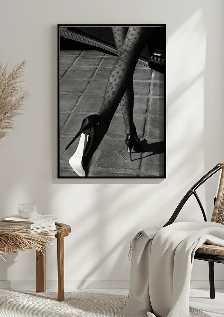 Vrouwelijke Benen Netkousen Hoge Hakken Mode Zwart Wit Schilderij