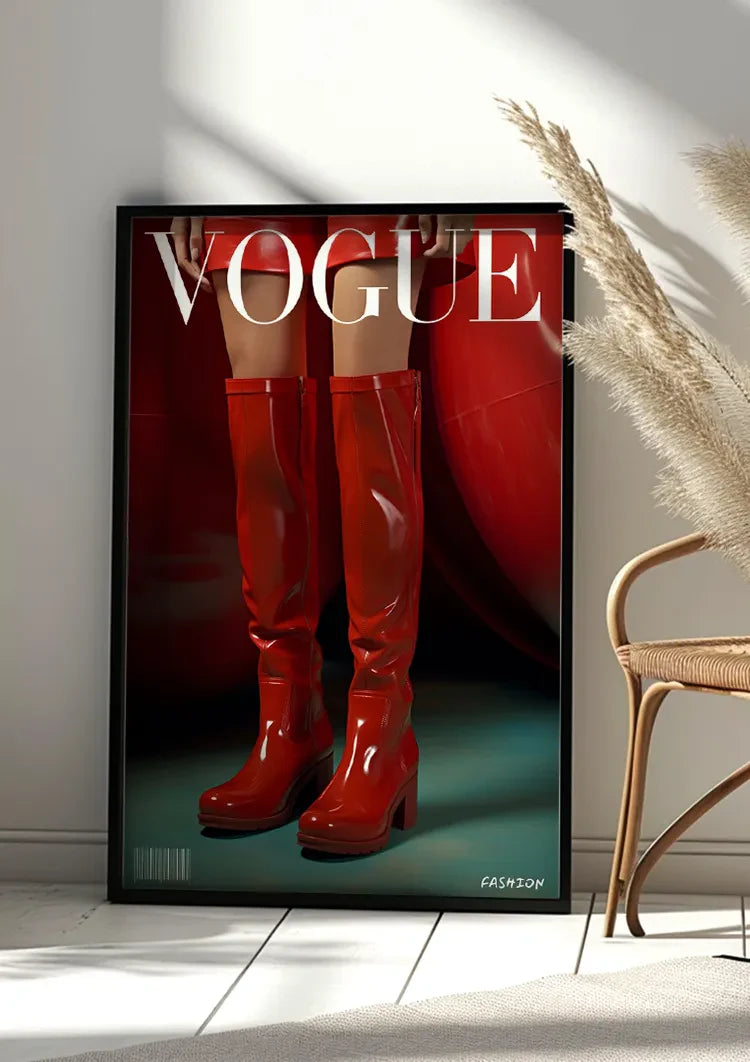 Rote glänzende Stiefel Vogue Cover-Stil Mode Rot Retro-Gemälde