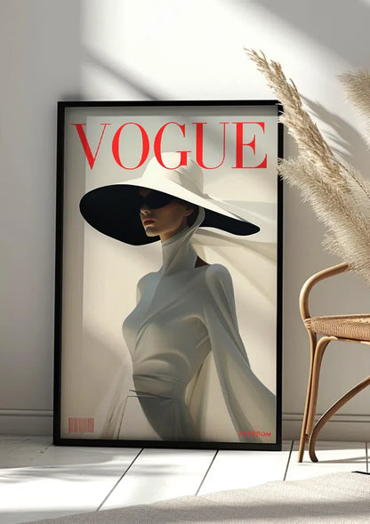 Vogue Cover Elegante Frau Graues Kleid Schwarzer Hut Minimalistische Mode Gemälde