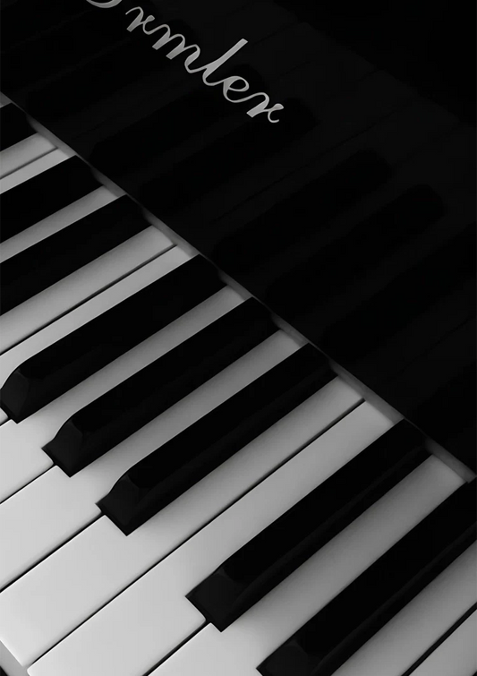 Pianotoetsen in zwart en wit canvas schilderij in zwart en wit, dramatische stijl