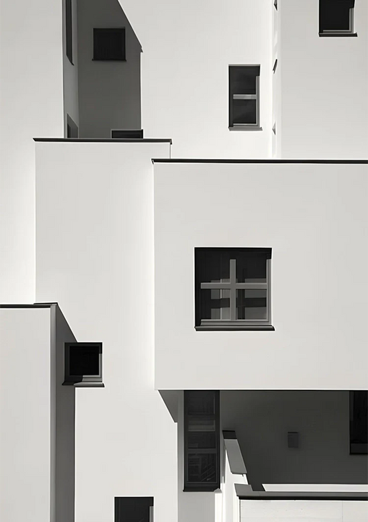 Witte gevels met zwarte ramen canvas schilderij in strakke moderne architectuur