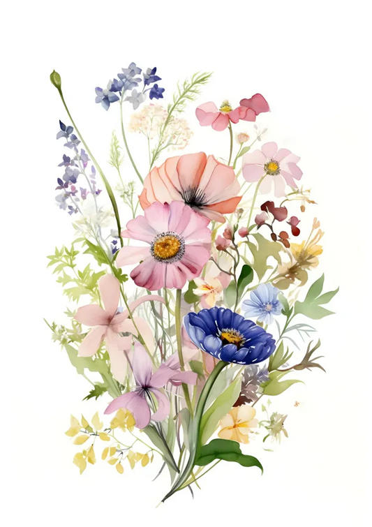 Waterverf boeket canvas schilderij met wilde bloemen in roze en blauwe pasteltinten