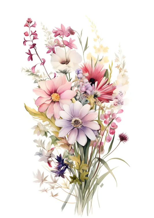 Waterverf bloemboeket canvas schilderij met roze en lila cosmos tussen zachte wildbloemen