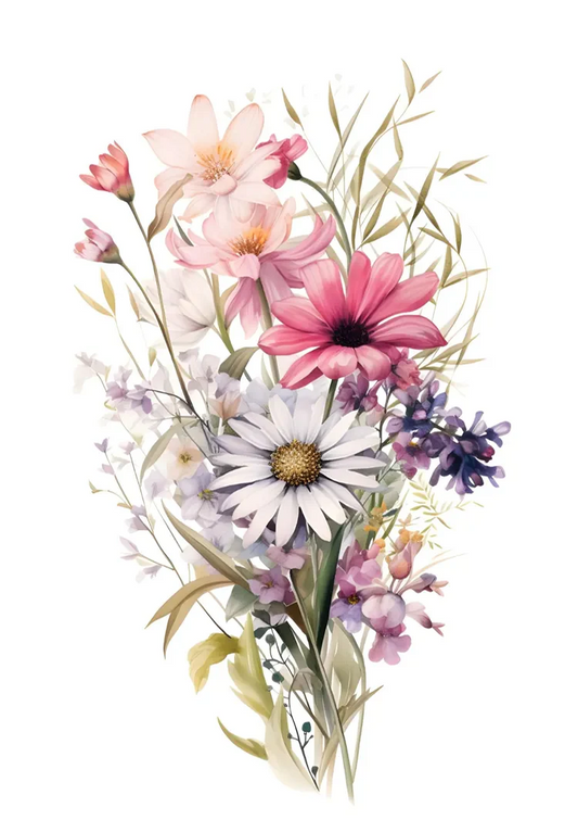 Boeket met wilde bloemen canvas schilderij in roze en lila tinten, een delicaat bloemenboeket.