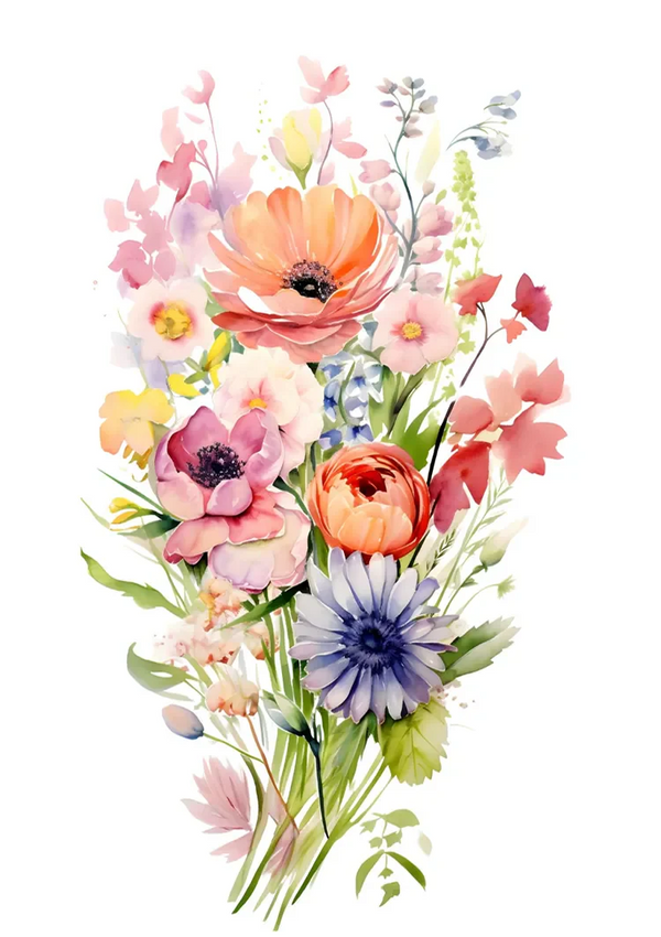 Aquarellstrauß Anemone Mohn Lila Orange Bunte Gartenblumen Gemälde