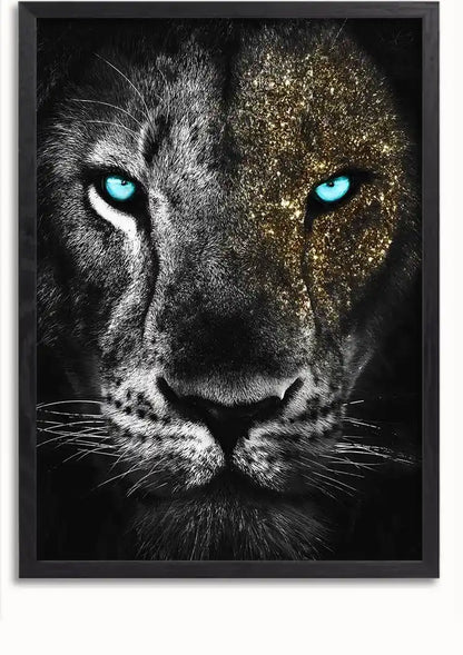 Tiger Porträt Goldglitzer Blaue Augen Schwarz-Weiß-Gemälde