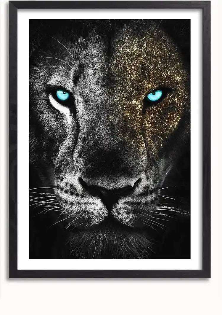 Tiger Porträt Goldglitzer Blaue Augen Schwarz-Weiß-Gemälde