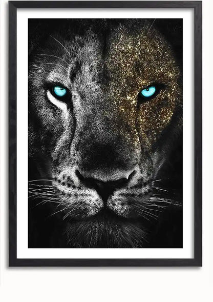 Tiger Porträt Goldglitzer Blaue Augen Schwarz-Weiß-Gemälde