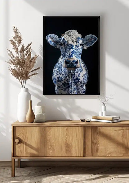Delfts Blauwe Koe Bloemenpatroon Zwarte Achtergrond Artistiek Schilderij