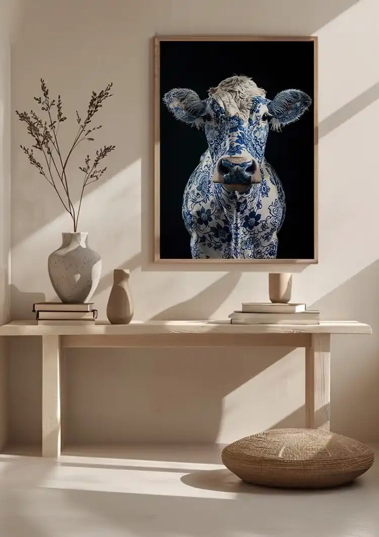Delfts Blauwe Koe Bloemenpatroon Zwarte Achtergrond Artistiek Schilderij