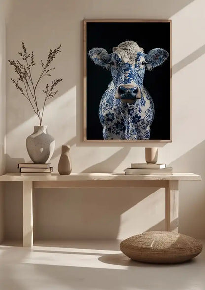 Delfts Blauwe Koe Bloemenpatroon Zwarte Achtergrond Artistiek Schilderij