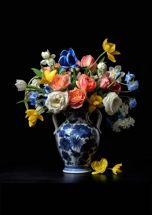 Delfts Blauwe Vaas Kleurrijke Bloemen Klassiek Stilleven Schilderij