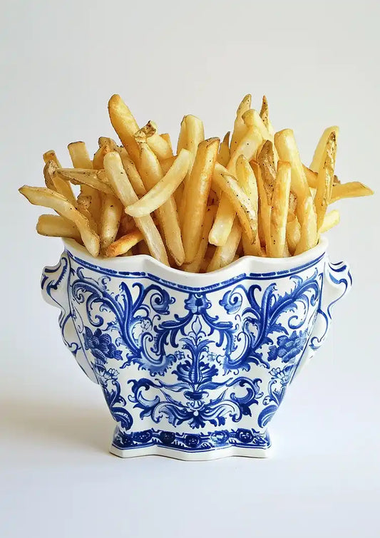 Frietjes canvas schilderij in een Delfts blauwe porseleinen schaal met bloemmotief