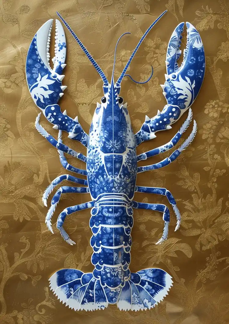 Delft Blue Lobster Gold Textured Background Painting