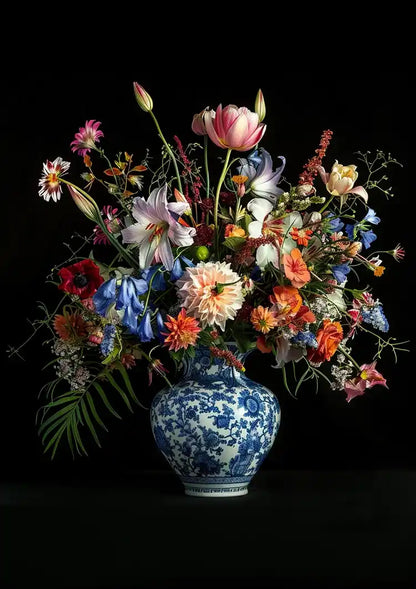 Delfts Blauw Vaas Kleurrijk Bloemboeket Tulpen Rozen Zwarte Achtergrond Stilleven Schilderij