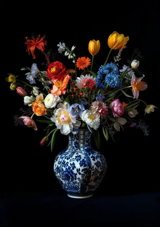 Delfts Blauwe Vaas Kleurrijke Bloemen Tulpen Pioenrozen Donkere Achtergrond Schilderij
