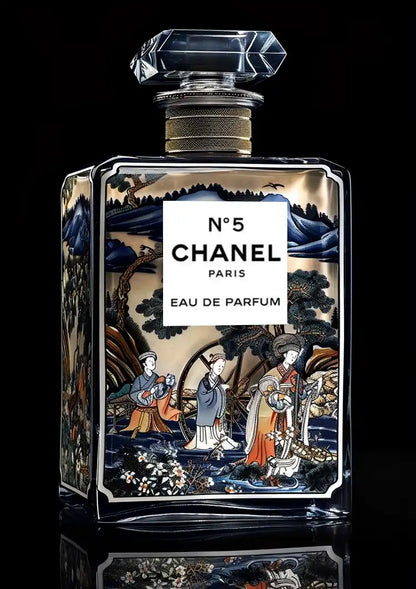 Delft Blue Perfume Bottle Oriental Decor Gold Black Background Luxury Painting