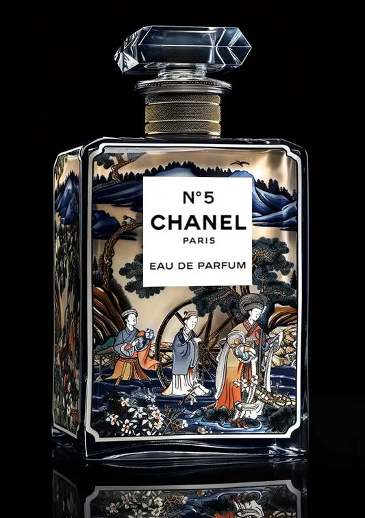 Delft Blue Perfume Bottle Oriental Decor Gold Black Background Luxury Painting