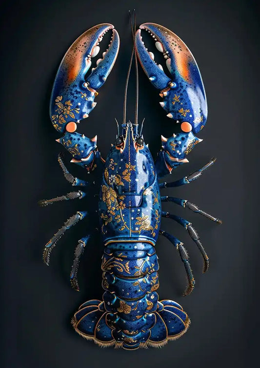 Delft Blue Golden Lobster Dark Background Luxury Detailing Painting