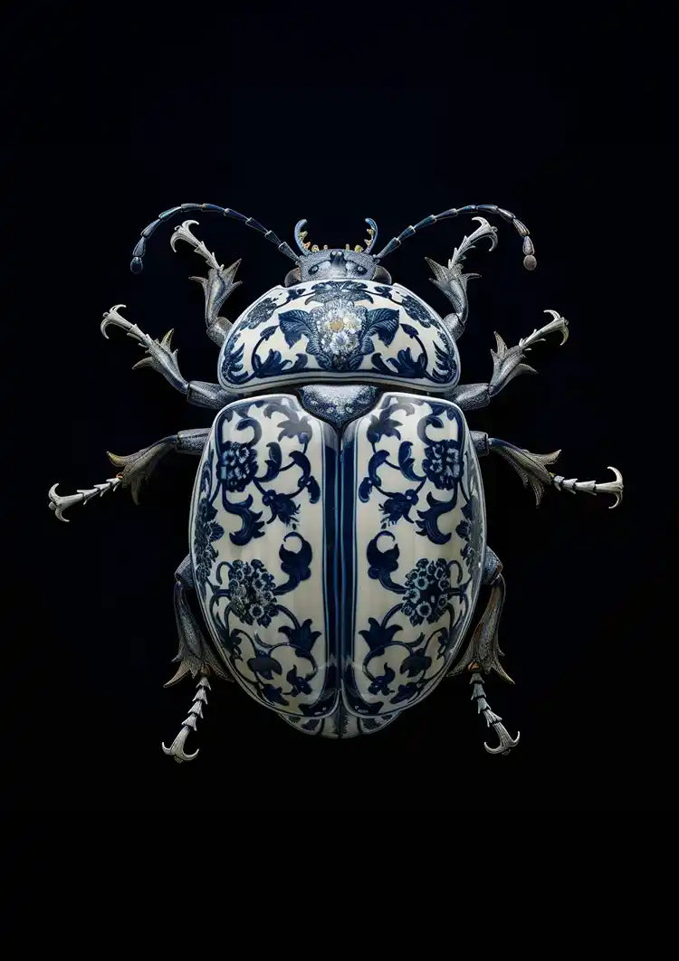 Delft Blue Porcelain Beetle Dark Background Painting