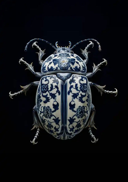 Delft Blue Porcelain Beetle Dark Background Painting