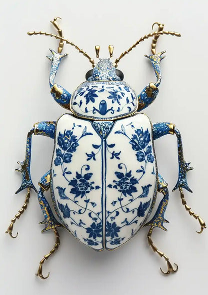 Delfts Blauw Kever Bloempatroon Gouden Poten Wit Porselein Klassiek Schilderij