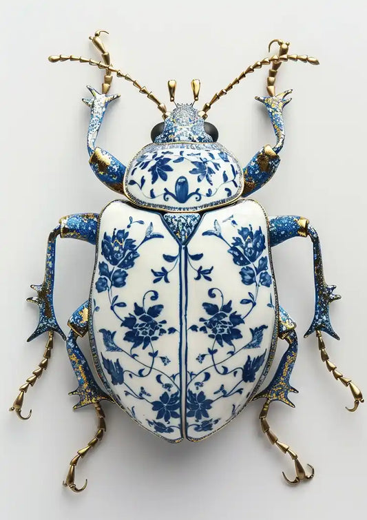 Delfts Blauw Kever Bloempatroon Gouden Poten Wit Porselein Klassiek Schilderij