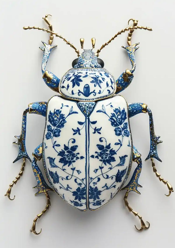 Delfts Blauw Kever Bloempatroon Gouden Poten Wit Porselein Klassiek Schilderij