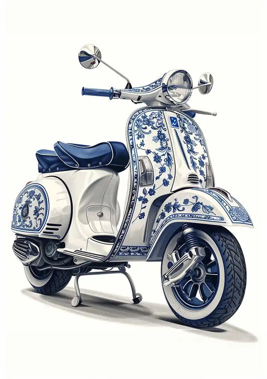 Delfts Blauwe Vintage Vespa Scooter Bloemen Decoratie Schilderij