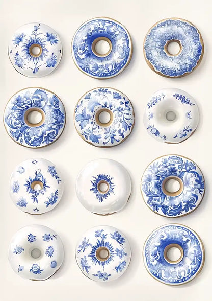 Twelve Donuts With Delft Blue Pattern Playful Ceramic Painting