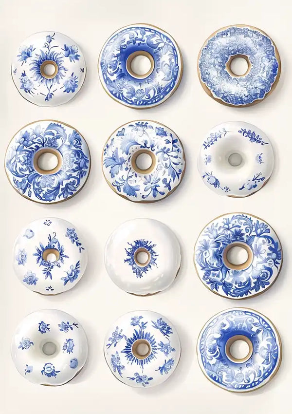 Twelve Donuts With Delft Blue Pattern Playful Ceramic Painting