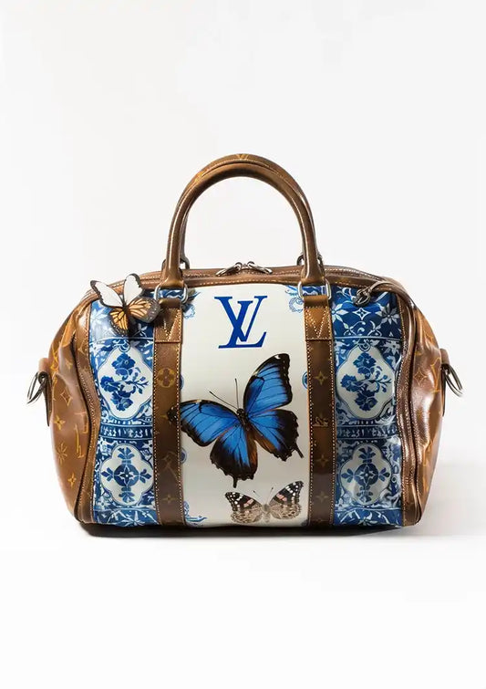 Luxe tas canvas schilderij met blauwe vlinders en bloemen