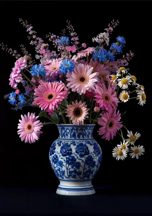 Roze Gerbera Blauwe Korenbloemen in Delfts Blauwe Vaas Donker Schilderij