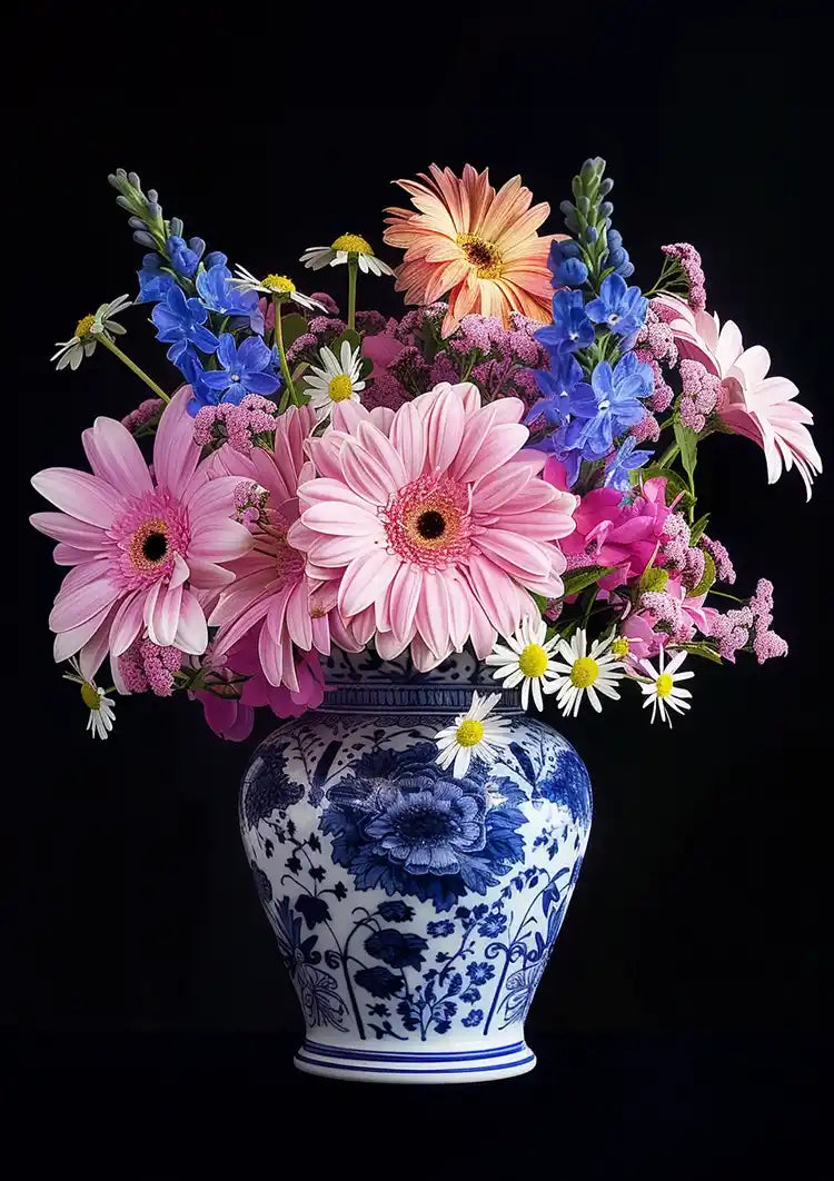 Delfts Blauw Vaas Kleurrijke Bloemen Boeket Donkere Achtergrond Schilderij