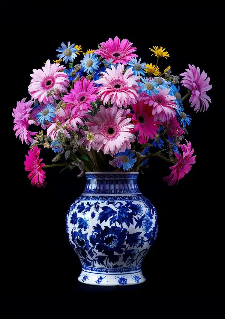 Delfter blaue Vase mit bunten Blumen auf schwarzem Hintergrund Gemälde