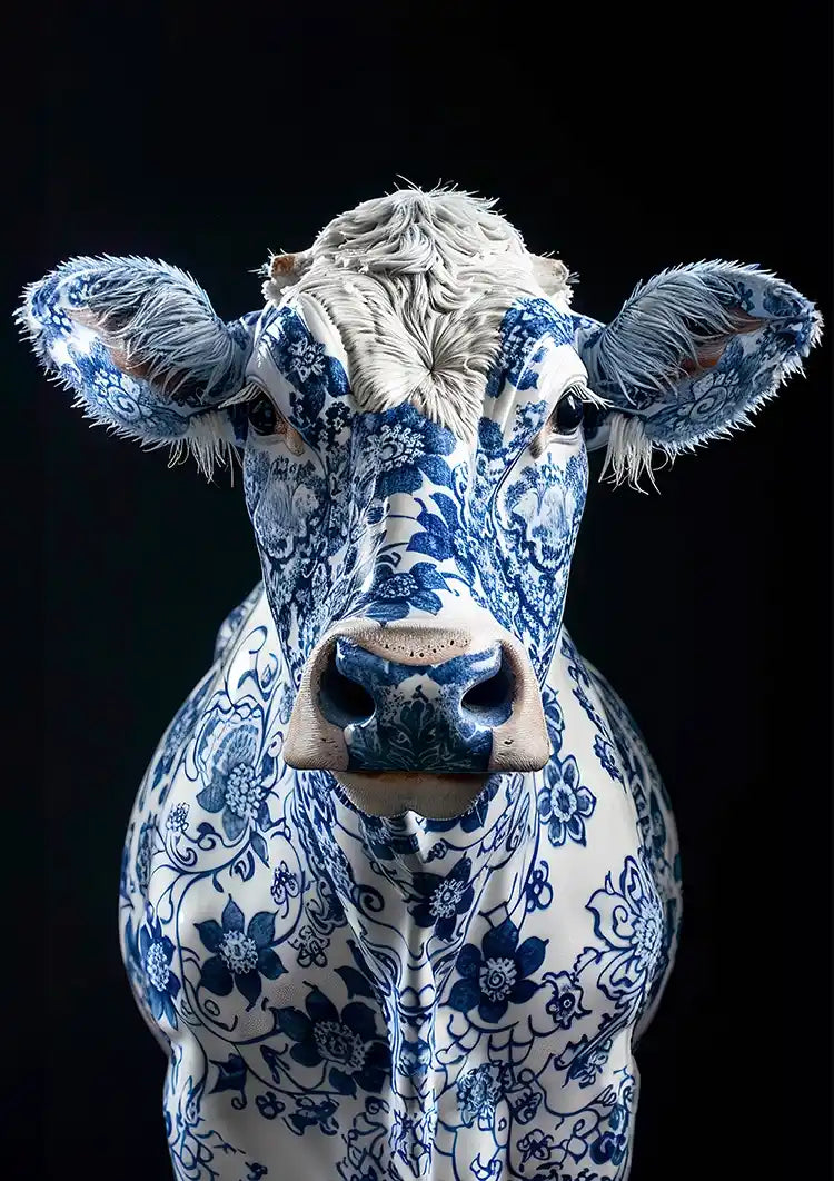 Delfts Blauwe Koe Bloemenpatroon Zwarte Achtergrond Artistiek Schilderij