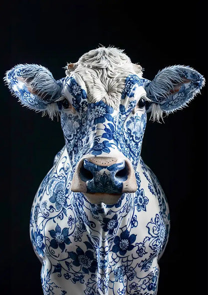 Delfts Blauwe Koe Bloemenpatroon Zwarte Achtergrond Artistiek Schilderij
