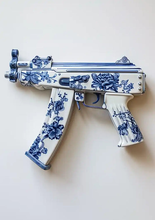 Delfts blauw machinepistool canvas schilderij in blauw, wit en grijs
