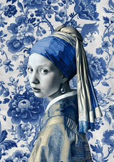 Delft niebieska dziewczyna z perłą, portret, kwiaty, tło, płótno malarstwo