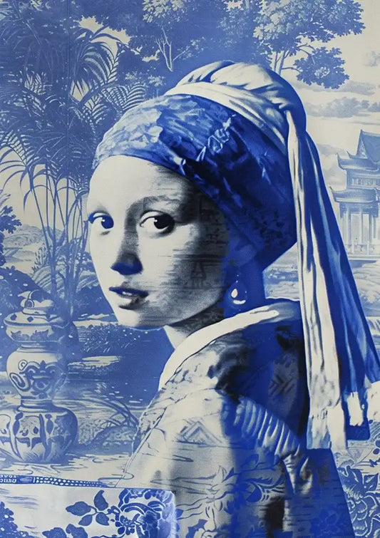 Meisje met de parel canvas schilderij in Delfts blauw en wit
