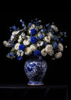 Delfts Blauwe Vaas Witte Rozen Blauwe Bloemen Zwarte Achtergrond Schilderij