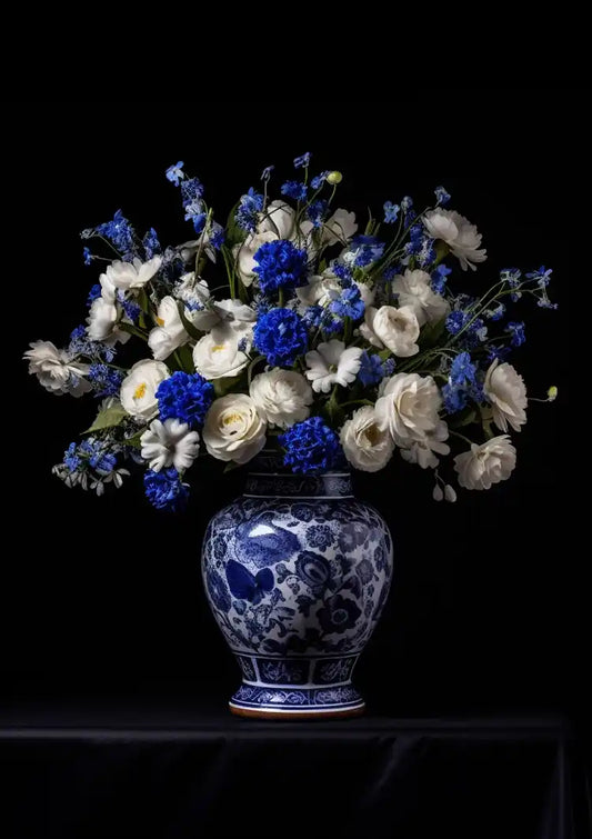 Delfts Blauwe Vaas Witte Rozen Blauwe Bloemen Zwarte Achtergrond Schilderij