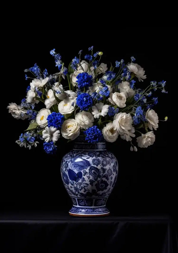 Delfts Blauwe Vaas Witte Rozen Blauwe Bloemen Zwarte Achtergrond Schilderij