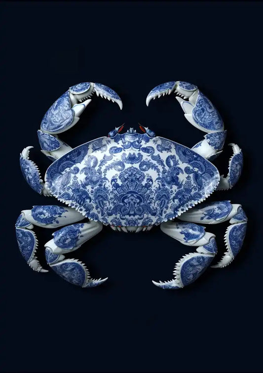 Delft Blue Crab Dark Background Classic Porcelain Pattern Painting